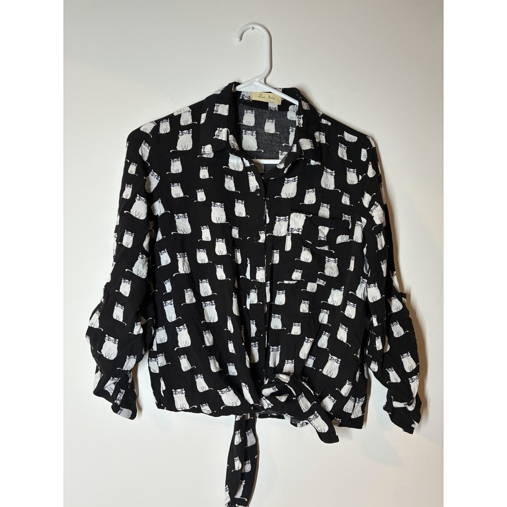 Womens Blk Cat Print All Over Top Blouse Shirt Tie Front Button Whimsical Small